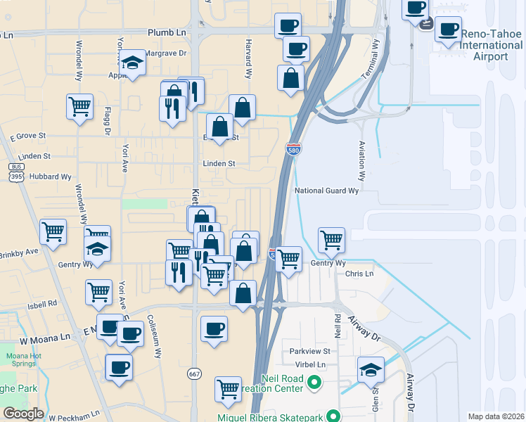 map of restaurants, bars, coffee shops, grocery stores, and more near 109-199 Kildeer Lane in Reno