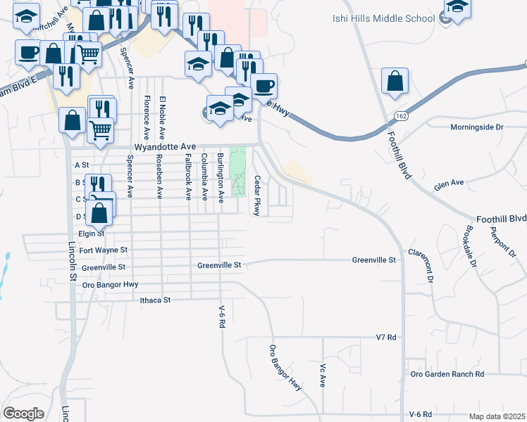 map of restaurants, bars, coffee shops, grocery stores, and more near 182 Cedar Parkway in Oroville
