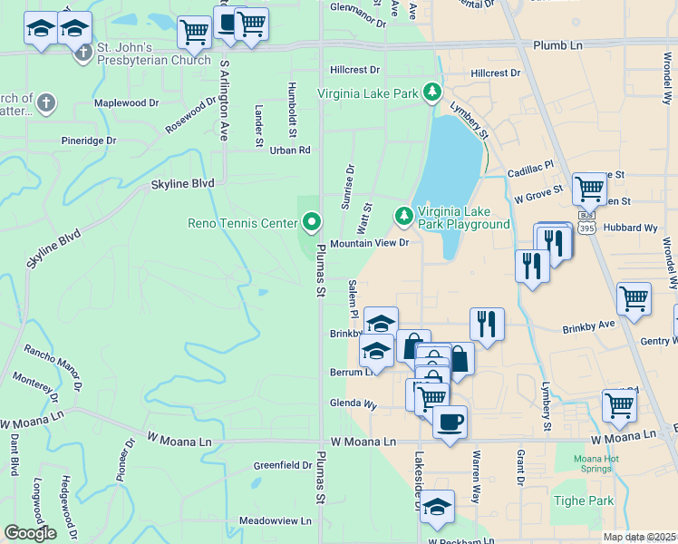 map of restaurants, bars, coffee shops, grocery stores, and more near 2700 Plumas Street in Reno