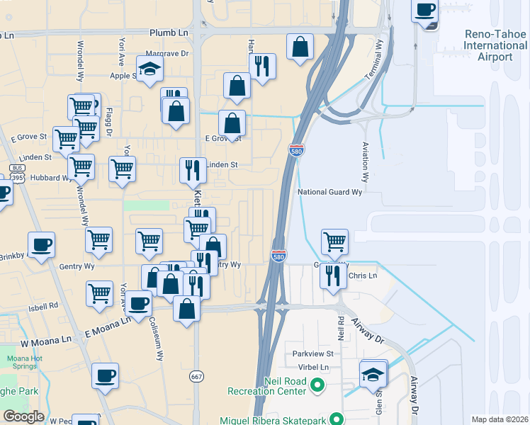 map of restaurants, bars, coffee shops, grocery stores, and more near 109-199 Kildeer Lane in Reno