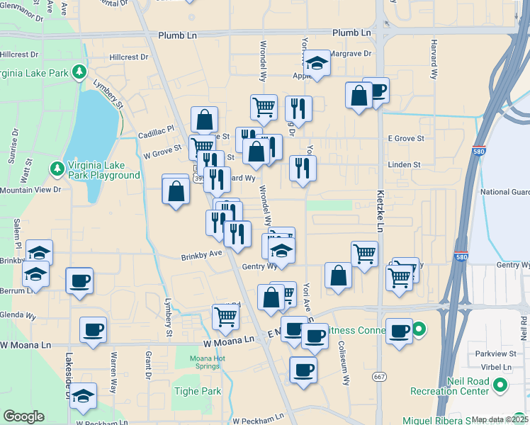 map of restaurants, bars, coffee shops, grocery stores, and more near 231 Gallaway Lane in Reno