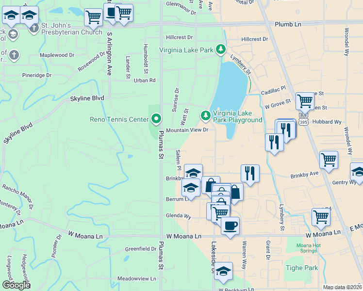 map of restaurants, bars, coffee shops, grocery stores, and more near 2650 Plumas Street in Reno