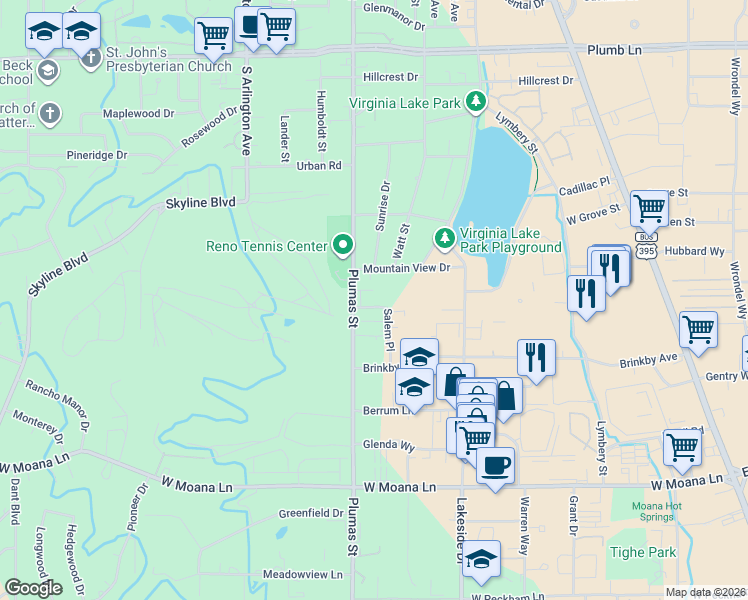 map of restaurants, bars, coffee shops, grocery stores, and more near 2650 Plumas Street in Reno