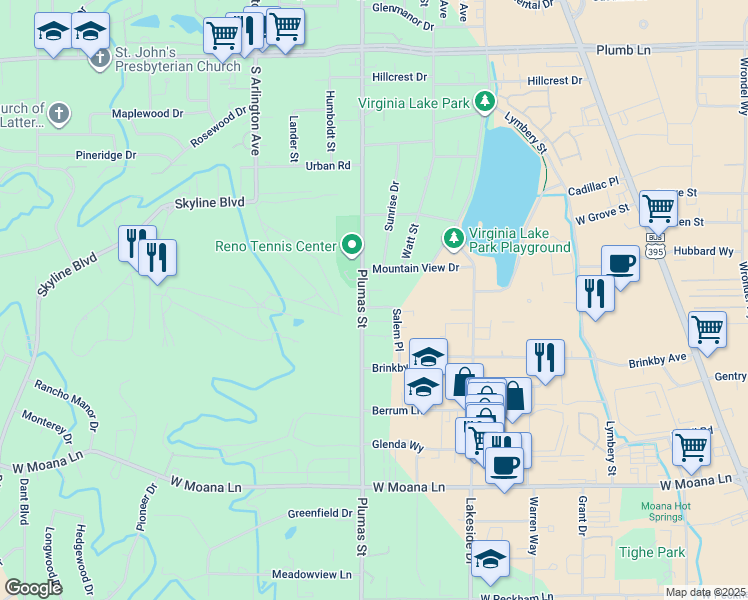 map of restaurants, bars, coffee shops, grocery stores, and more near 2650 Plumas Street in Reno
