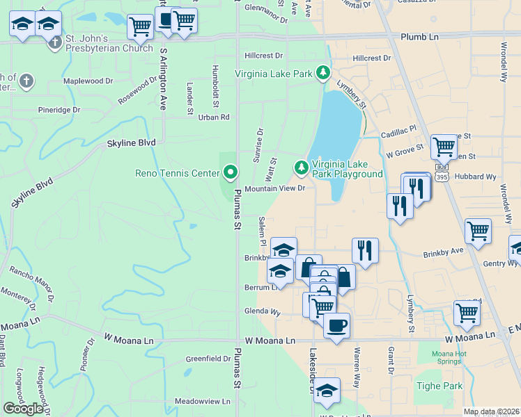 map of restaurants, bars, coffee shops, grocery stores, and more near 2650 Plumas Street in Reno