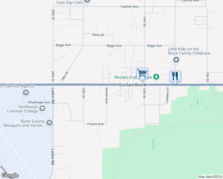 map of restaurants, bars, coffee shops, grocery stores, and more near 1607 Oro Dam Boulevard East in Oroville
