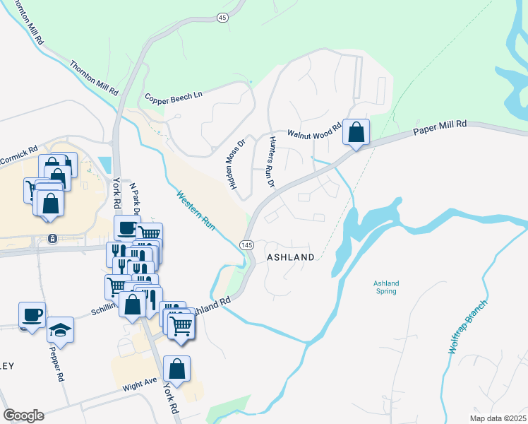 map of restaurants, bars, coffee shops, grocery stores, and more near 22 Silversage Court in Cockeysville