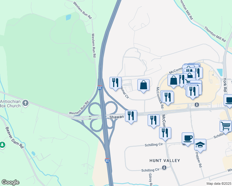 map of restaurants, bars, coffee shops, grocery stores, and more near 221 International Circle in Cockeysville