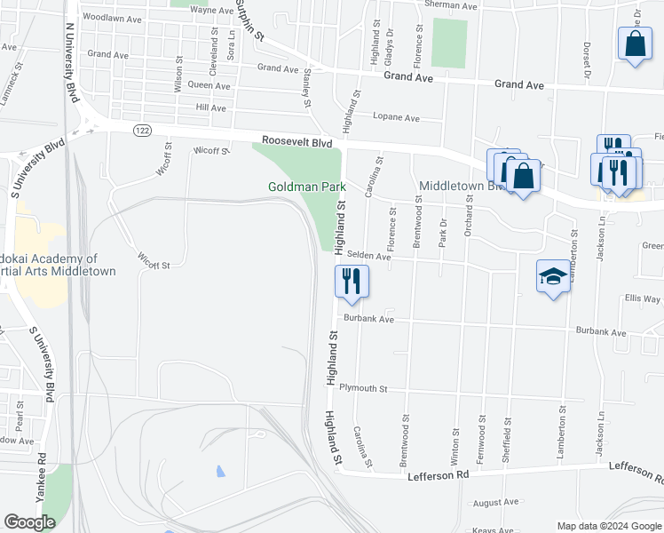 map of restaurants, bars, coffee shops, grocery stores, and more near 1710 Highland Street in Middletown