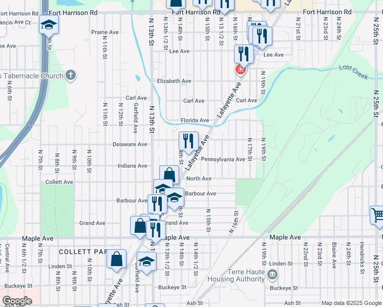 map of restaurants, bars, coffee shops, grocery stores, and more near 2500 North 14th 1/2th Street in Terre Haute