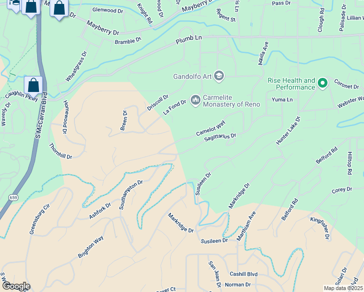 map of restaurants, bars, coffee shops, grocery stores, and more near 2555 Camelot Way in Reno