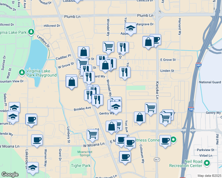 map of restaurants, bars, coffee shops, grocery stores, and more near 2780 Wrondel Way in Reno