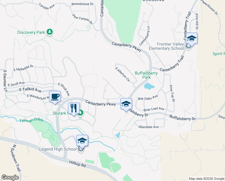 map of restaurants, bars, coffee shops, grocery stores, and more near 11990 Singing Winds Street in Parker