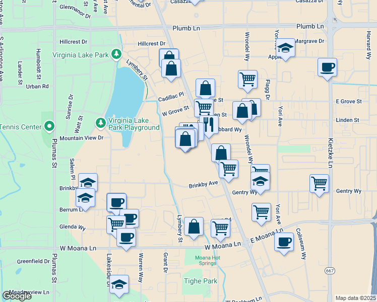 map of restaurants, bars, coffee shops, grocery stores, and more near 2707 South Virginia Street in Reno