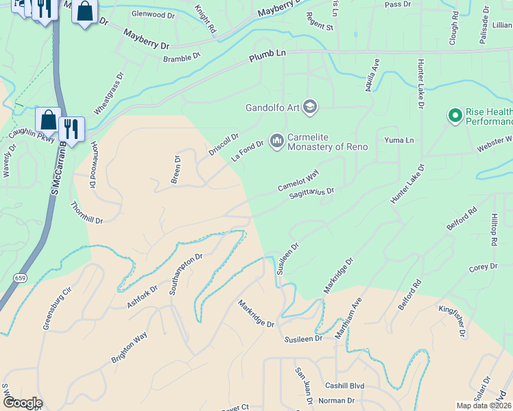map of restaurants, bars, coffee shops, grocery stores, and more near 2555 Camelot Way in Reno