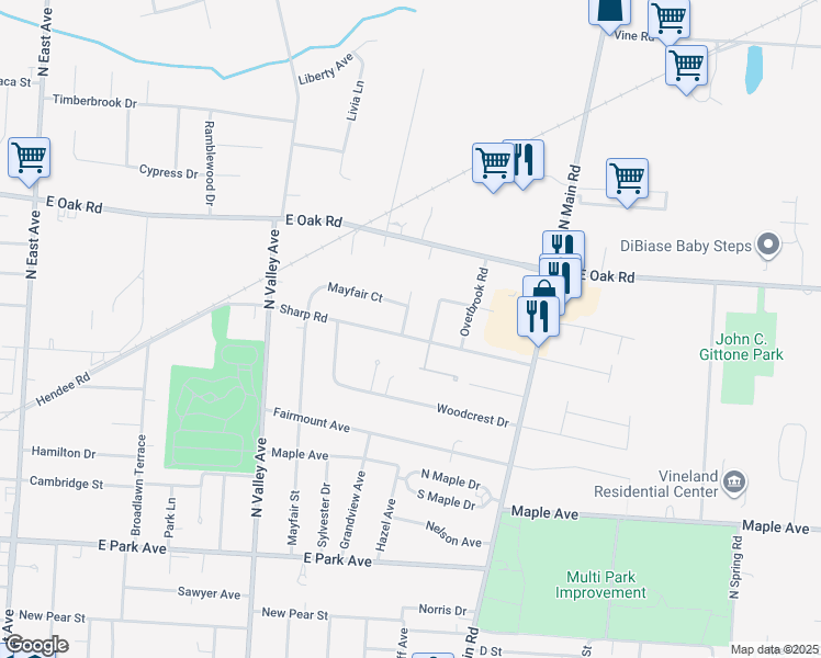 map of restaurants, bars, coffee shops, grocery stores, and more near 1150 Sharp Road in Vineland