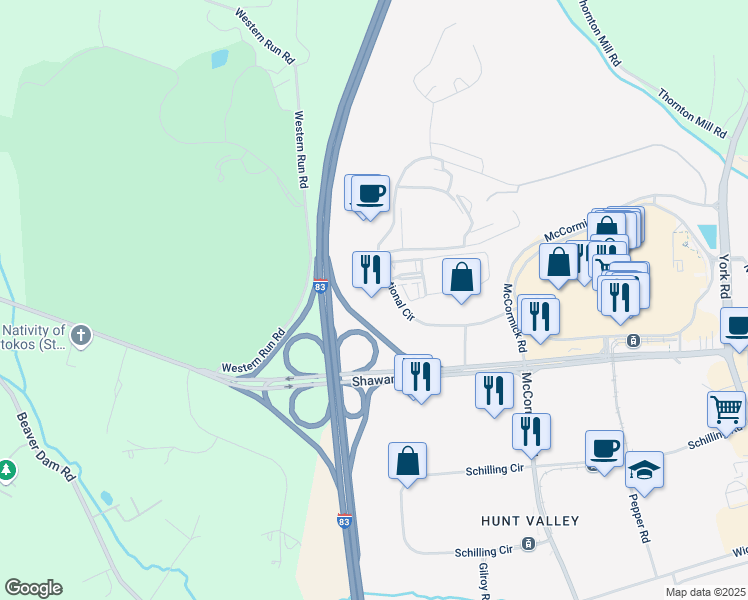 map of restaurants, bars, coffee shops, grocery stores, and more near 221 International Circle in Cockeysville