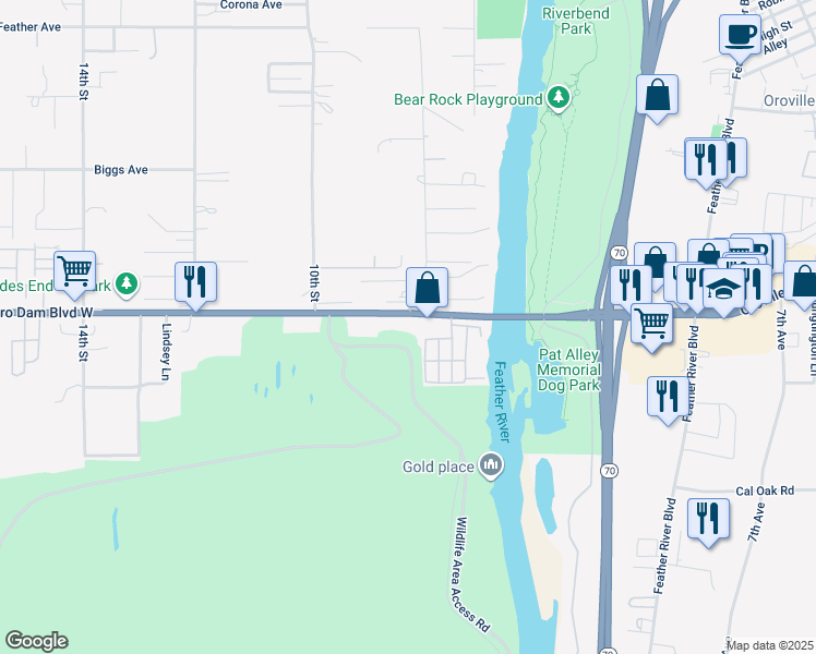map of restaurants, bars, coffee shops, grocery stores, and more near 771 Oro Dam Boulevard West in Oroville