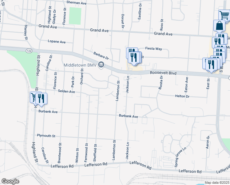 map of restaurants, bars, coffee shops, grocery stores, and more near 1612 Lamberton Street in Middletown