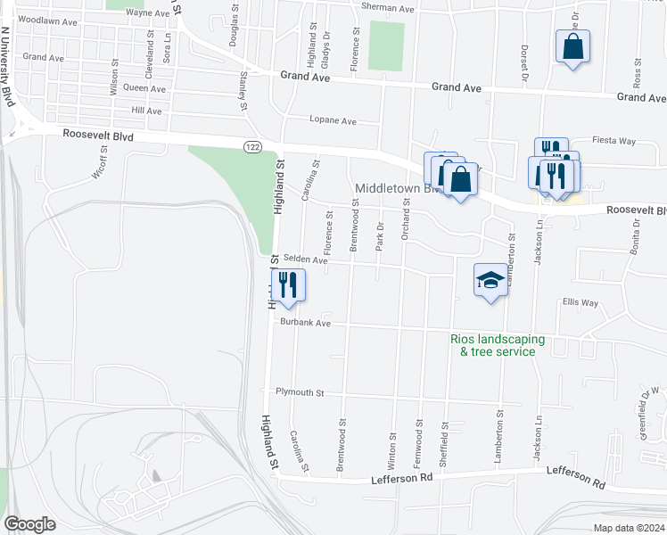 map of restaurants, bars, coffee shops, grocery stores, and more near 2816 Selden Avenue in Middletown