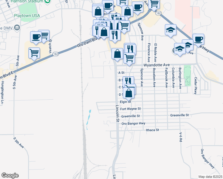map of restaurants, bars, coffee shops, grocery stores, and more near 3300 Lincoln Boulevard in Oroville