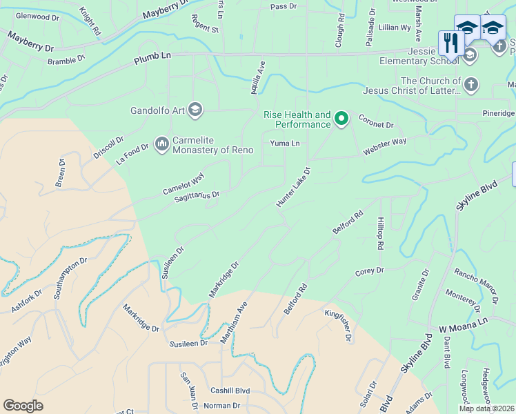 map of restaurants, bars, coffee shops, grocery stores, and more near 2905 Susileen Drive in Reno