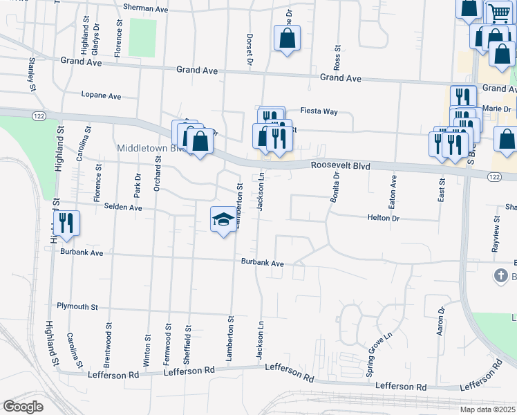 map of restaurants, bars, coffee shops, grocery stores, and more near 1608 Jackson Lane in Middletown
