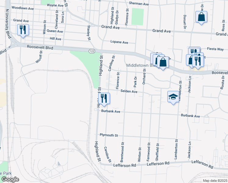 map of restaurants, bars, coffee shops, grocery stores, and more near 1611 Carolina Street in Middletown