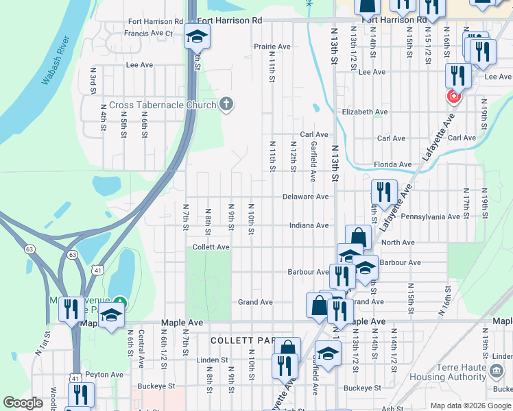 map of restaurants, bars, coffee shops, grocery stores, and more near 901-999 Delaware Avenue in Terre Haute