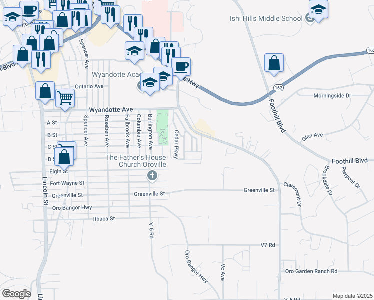 map of restaurants, bars, coffee shops, grocery stores, and more near 159 Willow Parkway in Oroville