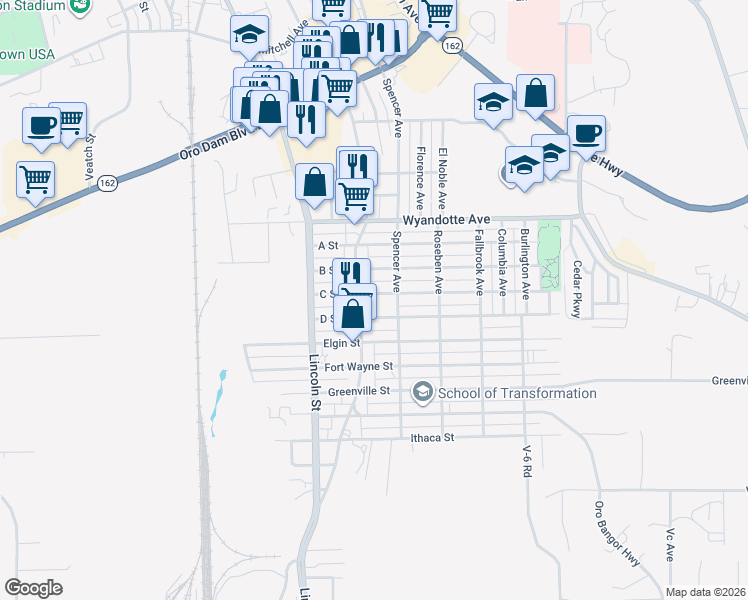 map of restaurants, bars, coffee shops, grocery stores, and more near 2085 C Street in Oroville