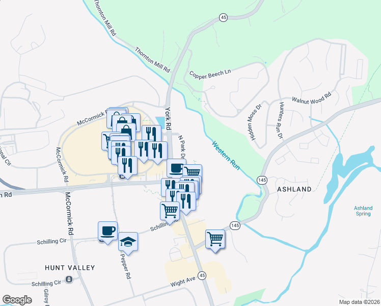 map of restaurants, bars, coffee shops, grocery stores, and more near 6 North Park Drive in Cockeysville