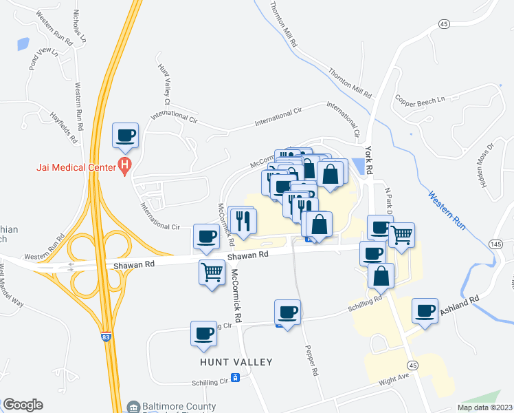 map of restaurants, bars, coffee shops, grocery stores, and more near 126 Shawan Road in Cockeysville