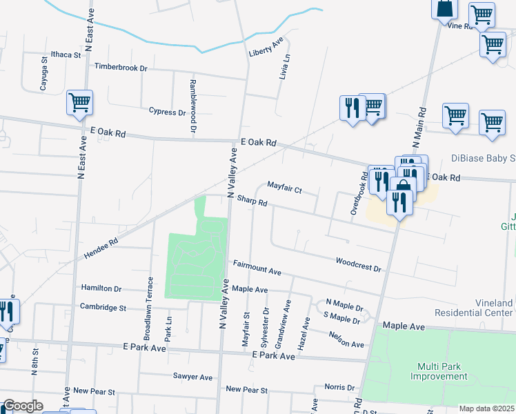 map of restaurants, bars, coffee shops, grocery stores, and more near 585 Mayfair Street in Vineland