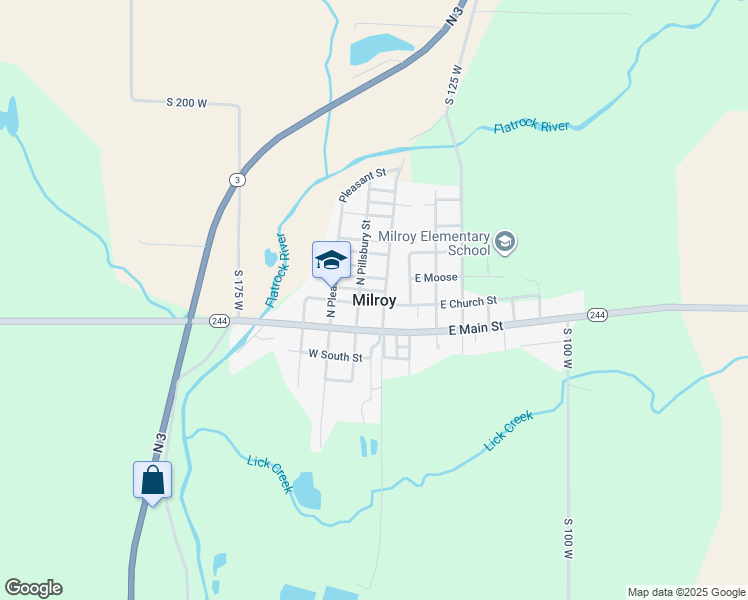 map of restaurants, bars, coffee shops, grocery stores, and more near in Milroy