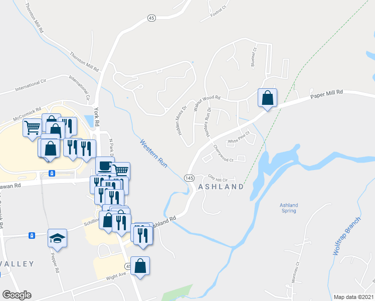 map of restaurants, bars, coffee shops, grocery stores, and more near 903 Walnut Wood Road in Cockeysville