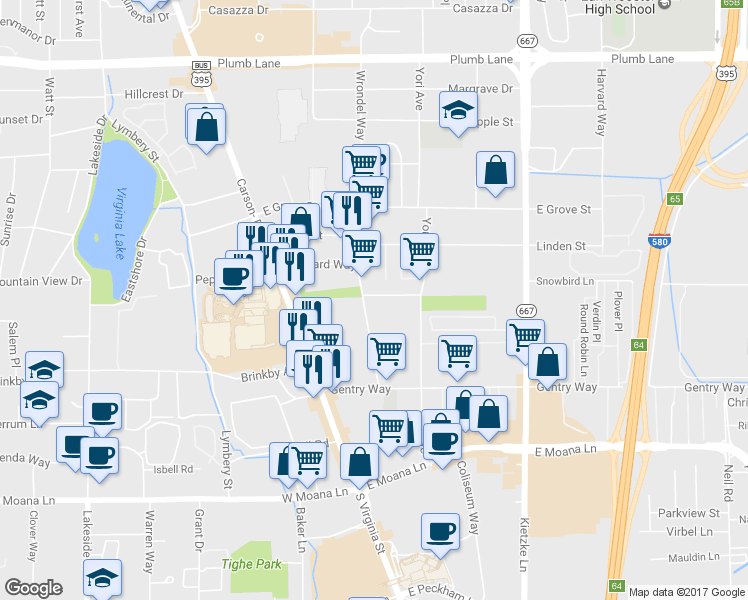 map of restaurants, bars, coffee shops, grocery stores, and more near 231 Gallaway Lane in Reno