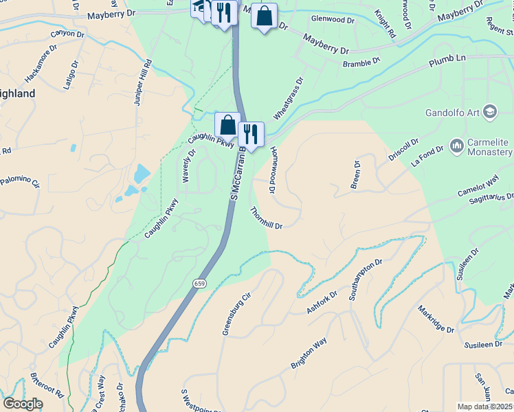 map of restaurants, bars, coffee shops, grocery stores, and more near 3365 Thornhill Drive in Reno