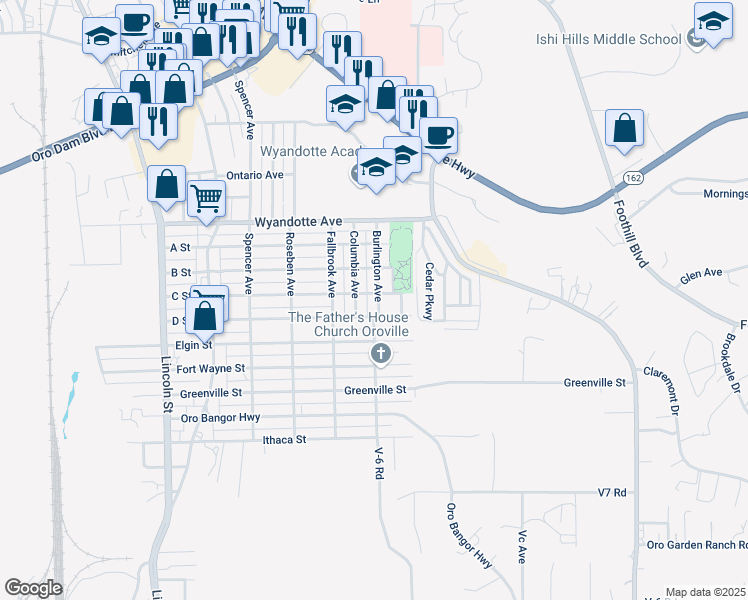 map of restaurants, bars, coffee shops, grocery stores, and more near 3462 Burlington Avenue in Oroville