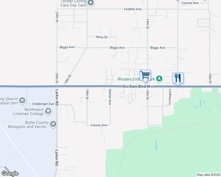map of restaurants, bars, coffee shops, grocery stores, and more near 1668 Oroville Dam Boulevard West in Oroville