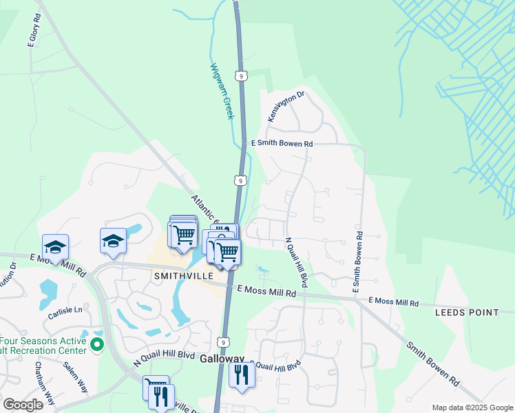 map of restaurants, bars, coffee shops, grocery stores, and more near 23 North Quail Hill Boulevard in Galloway