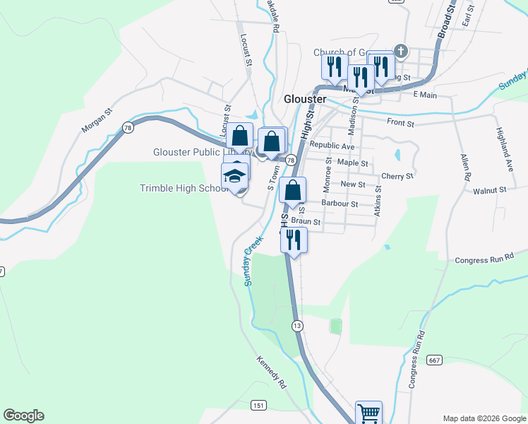 map of restaurants, bars, coffee shops, grocery stores, and more near in Glouster