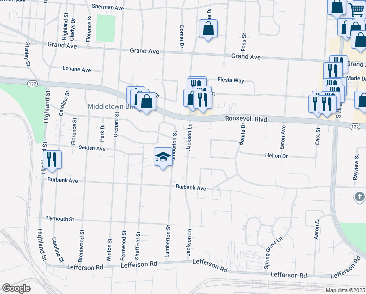 map of restaurants, bars, coffee shops, grocery stores, and more near 1608 Jackson Lane in Middletown