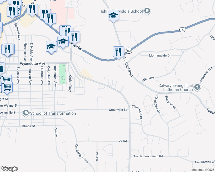 map of restaurants, bars, coffee shops, grocery stores, and more near Lower Wyandotte Road in Oroville