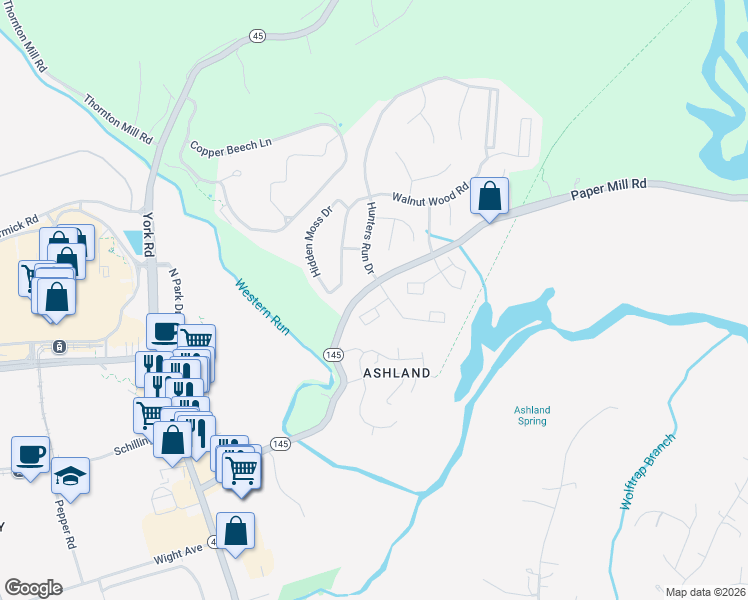 map of restaurants, bars, coffee shops, grocery stores, and more near 8 Silversage Court in Cockeysville