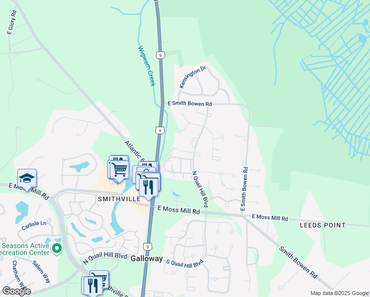 map of restaurants, bars, coffee shops, grocery stores, and more near 23 North Quail Hill Boulevard in Galloway