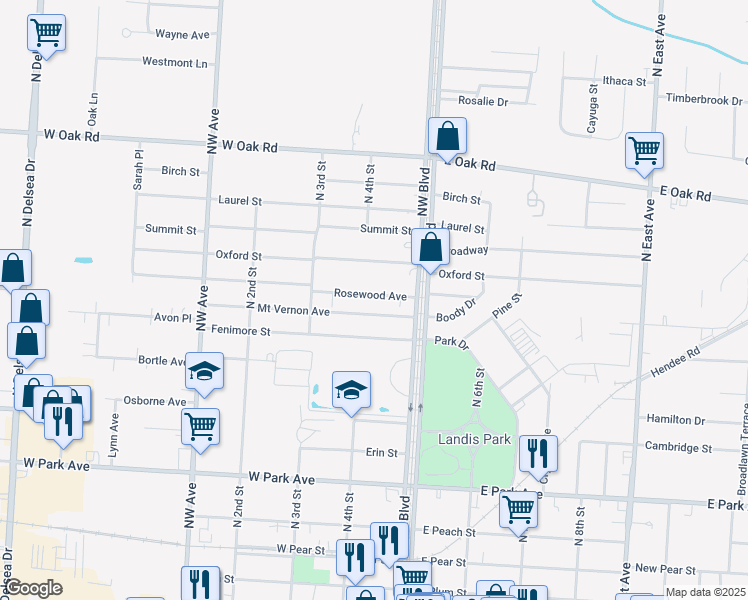 map of restaurants, bars, coffee shops, grocery stores, and more near 405 Rosewood Avenue in Vineland