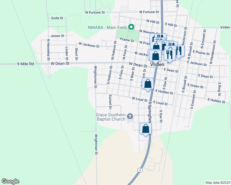 map of restaurants, bars, coffee shops, grocery stores, and more near 331 South Finis Street in Virden