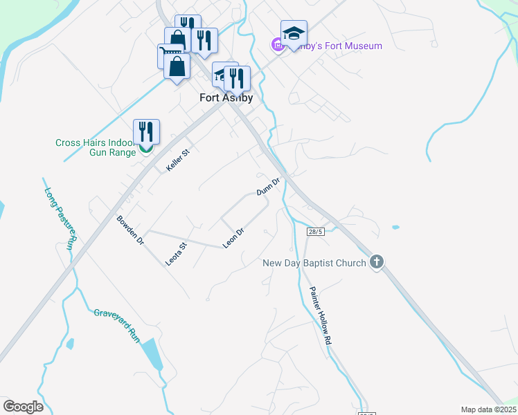 map of restaurants, bars, coffee shops, grocery stores, and more near 70 Leon Drive in Fort Ashby