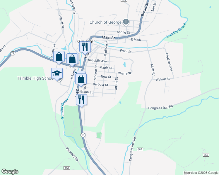 map of restaurants, bars, coffee shops, grocery stores, and more near 40 Barbour Street in Glouster